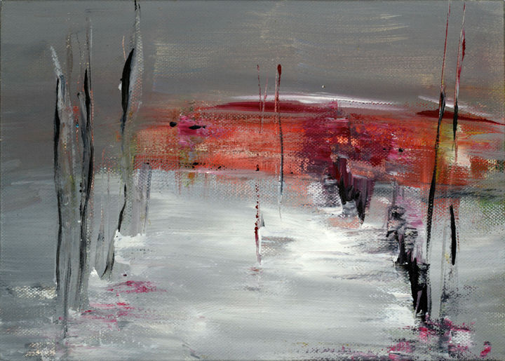 Peinture intitulée "Red sunrise" par Annette Van Casteren, Œuvre d'art originale, Acrylique Monté sur Panneau de bois