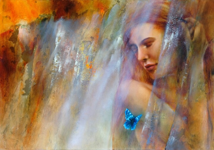 Painting titled "Lara mit Schmetterl…" by Annette Schmucker, Original Artwork, Oil Mounted on Wood Stretcher frame