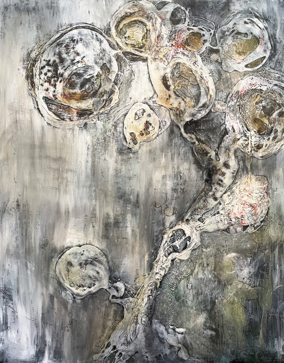 Schilderij getiteld "Raining White Cotton" door Annette Wyrick-Solari, Origineel Kunstwerk, Acryl Gemonteerd op Frame voor h…