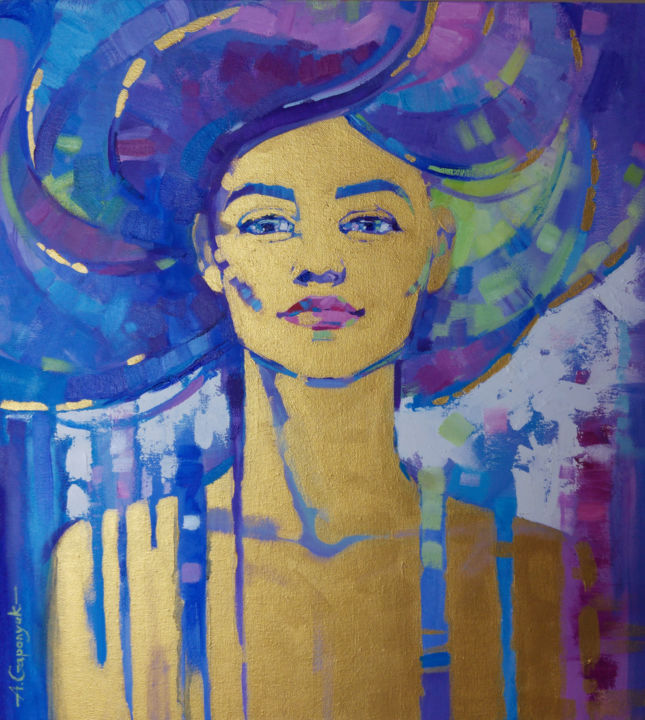 Painting titled "Golden face female…" by Anna Gaponiuk, Original Artwork, Acrylic