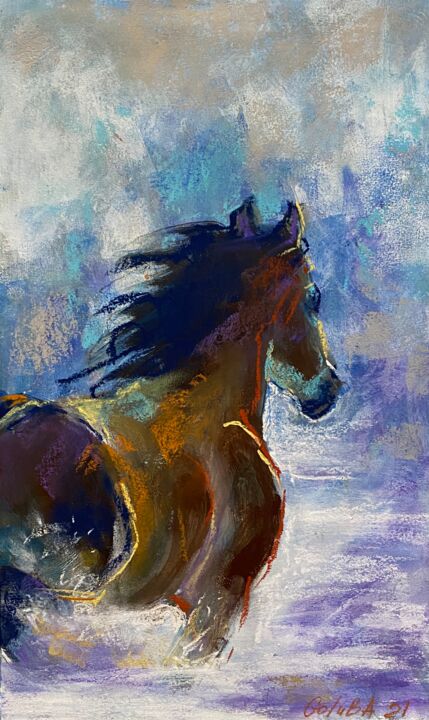Pittura intitolato "Horse in the snow" da Ann Golub, Opera d'arte originale, Pastello