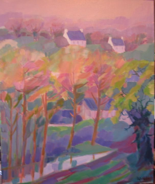 Pintura intitulada "Paysage de l'Argoat" por Annick Queffélec, Obras de arte originais, Óleo