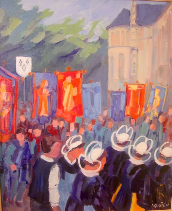 Painting titled "retour de procession" by Annick Queffélec, Original Artwork, Oil
