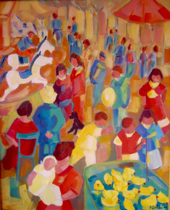 Painting titled "La fête au village" by Annick Queffélec, Original Artwork, Oil