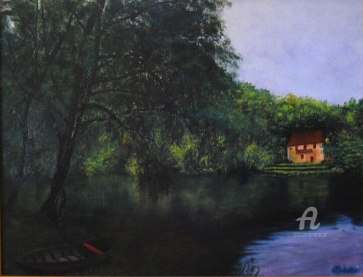 Painting titled "Le lac" by Annick Sabatier, Original Artwork, Oil