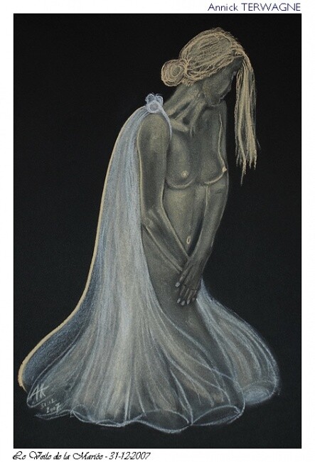 Dessin intitulée "Le voile de la Mari…" par Annick Terwagne, Pastelliste De La Fémin, Œuvre d'art originale