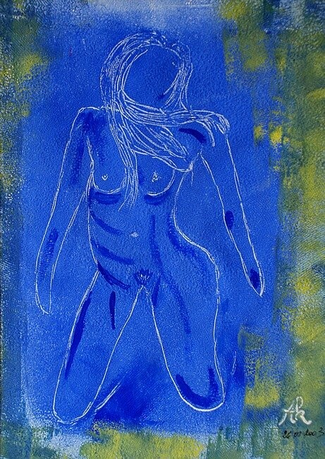 Schilderij getiteld "La femme en bleu" door Annick Terwagne, Pastelliste De La Fémin, Origineel Kunstwerk, Olie