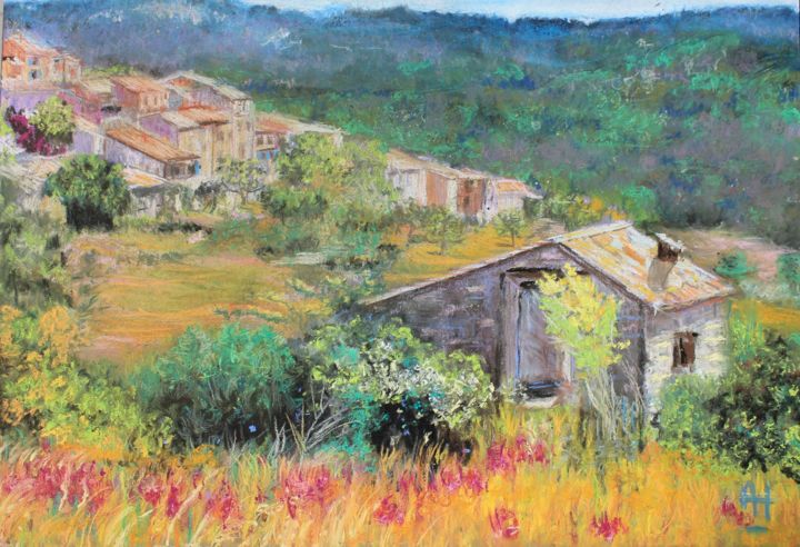 Painting titled "Trigance, village p…" by Annickharrois, Original Artwork, Pastel