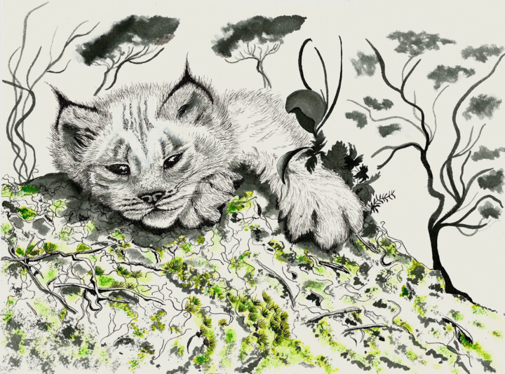Painting titled "Jeune lynx" by Annie Décarpes (kirova), Original Artwork, Ink
