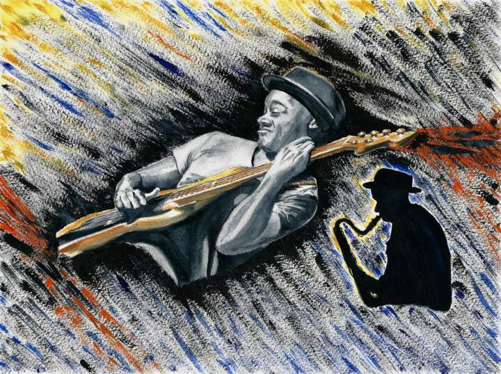 Schilderij getiteld "Marcus Miller" door Annie Décarpes (kirova), Origineel Kunstwerk, Aquarel