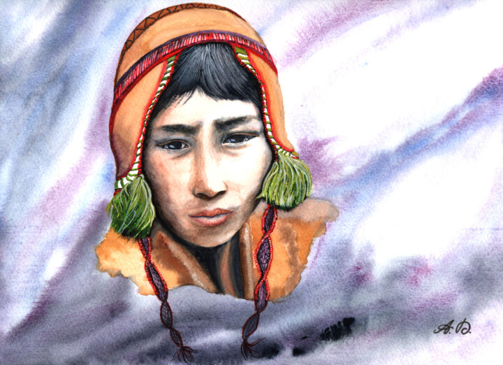 Painting titled "Indien Quechua" by Annie Décarpes (kirova), Original Artwork, Watercolor