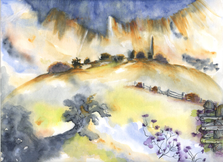 Malerei mit dem Titel "Sur la colline" von Annie Décarpes (kirova), Original-Kunstwerk, Aquarell