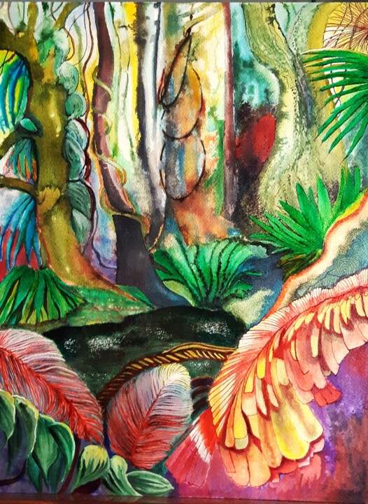 Painting titled "Forêt primaire" by Annie Décarpes (kirova), Original Artwork, Ink