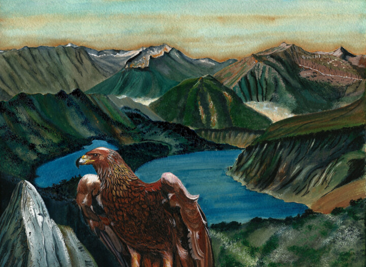Malerei mit dem Titel "Aigle dans les Pyré…" von Annie Décarpes (kirova), Original-Kunstwerk, Aquarell