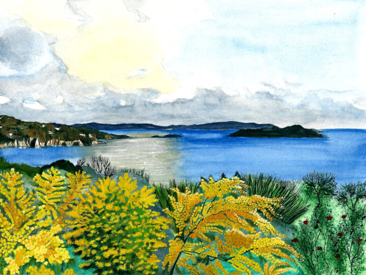 Painting titled "La Méditerranée et…" by Annie Décarpes (kirova), Original Artwork, Watercolor