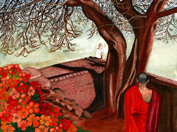 Peinture intitulée "Méditation au Sri L…" par Annie Décarpes (kirova), Œuvre d'art originale, Aquarelle