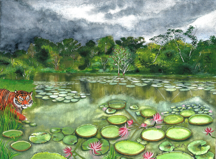 Malerei mit dem Titel "Les mangroves de Su…" von Annie Décarpes (kirova), Original-Kunstwerk, Aquarell