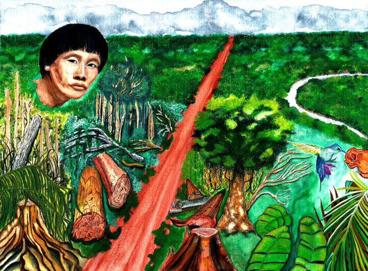 Peinture intitulée "L'Amazonie en péril" par Annie Décarpes (kirova), Œuvre d'art originale, Aquarelle
