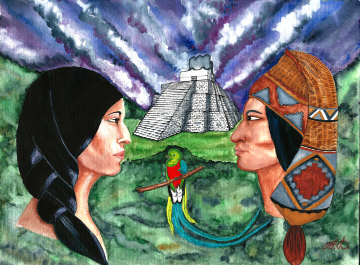 Malerei mit dem Titel "Couple Maya" von Annie Décarpes (kirova), Original-Kunstwerk, Aquarell