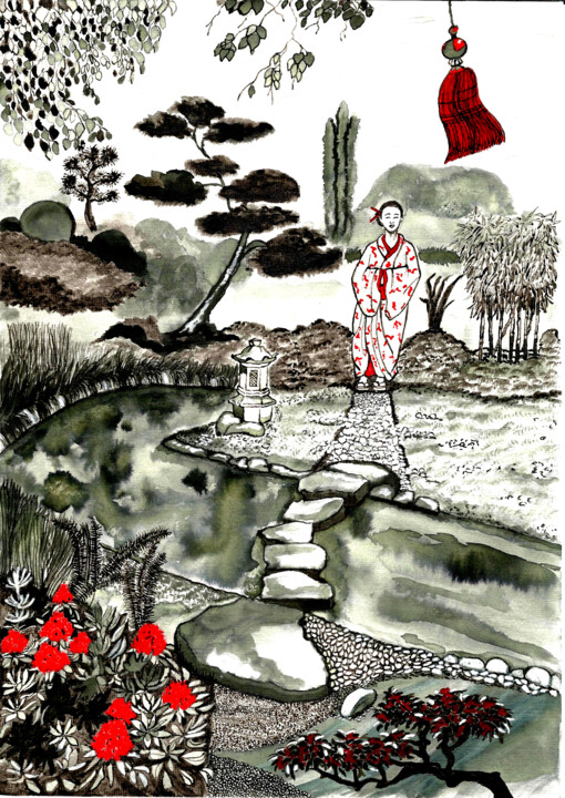 제목이 "Dans un jardin japo…"인 미술작품 Annie Décarpes (kirova)로, 원작, 잉크