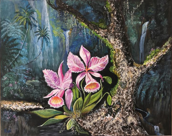 Pintura intitulada "Orchidées en Forêt…" por Ani. L, Obras de arte originais, Acrílico