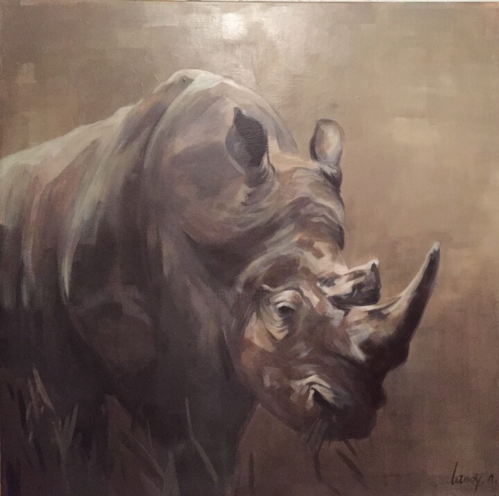 Peinture intitulée "Rhinocéros fond cla…" par Annie Lanoy, Œuvre d'art originale