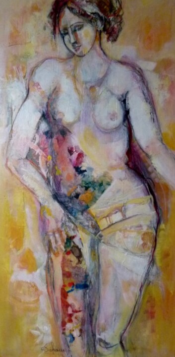 Peinture intitulée "femme à la guirlande" par Annie Tcham, Œuvre d'art originale, Huile
