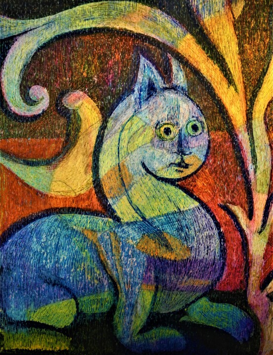 Drawing titled "Le chat" by Annie Vandemalle, Original Artwork, Pastel