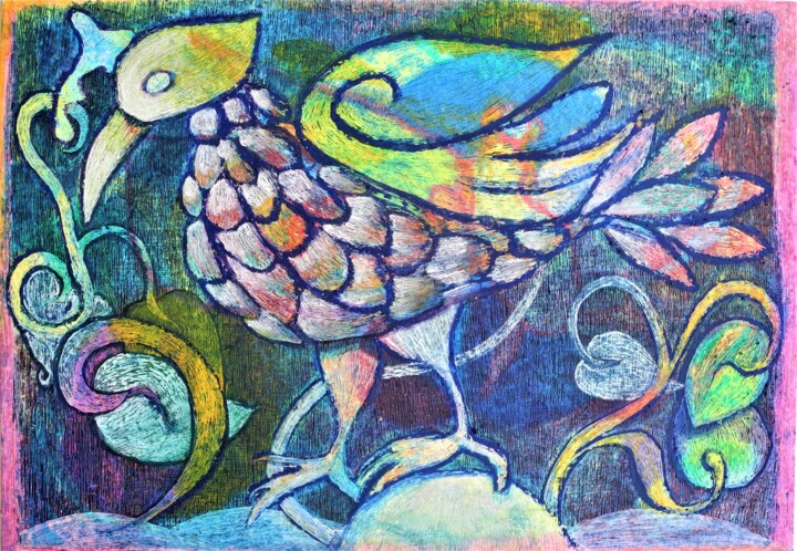 Drawing titled "L'oiseau" by Annie Vandemalle, Original Artwork, Pastel