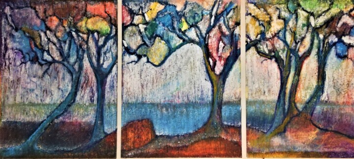 Dessin intitulée "Le chant des arbres" par Annie Vandemalle, Œuvre d'art originale, Pastel