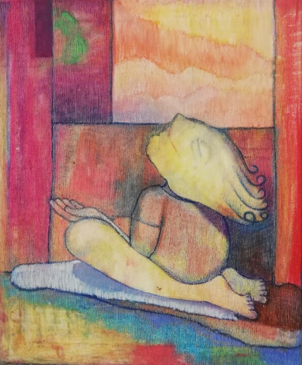 Tekening getiteld "Le petit yogi" door Annie Vandemalle, Origineel Kunstwerk, Pastel Gemonteerd op Frame voor houten brancard