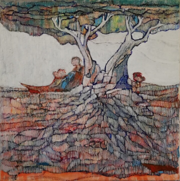 Rysunek zatytułowany „Au pied de mon arbre” autorstwa Annie Vandemalle, Oryginalna praca, Pastel Zamontowany na Drewniana ra…