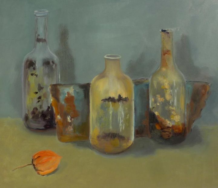 Painting titled "N.M. aux 3 bouteill…" by Annie Bagot, Original Artwork, Oil