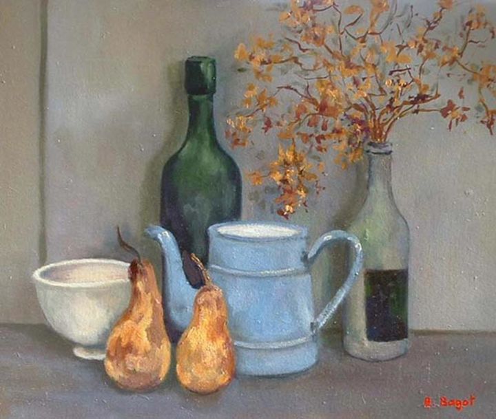 Painting titled "N.M. aux poires" by Annie Bagot, Original Artwork, Oil