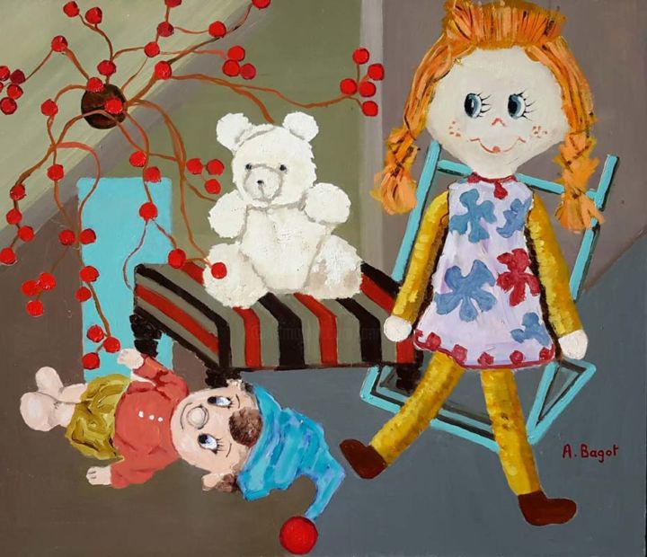 Peinture intitulée "N.M. au nounours" par Annie Bagot, Œuvre d'art originale, Huile