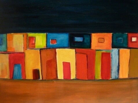 Painting titled "Les maisons 2" by Annie Bibaut, Original Artwork, Acrylic