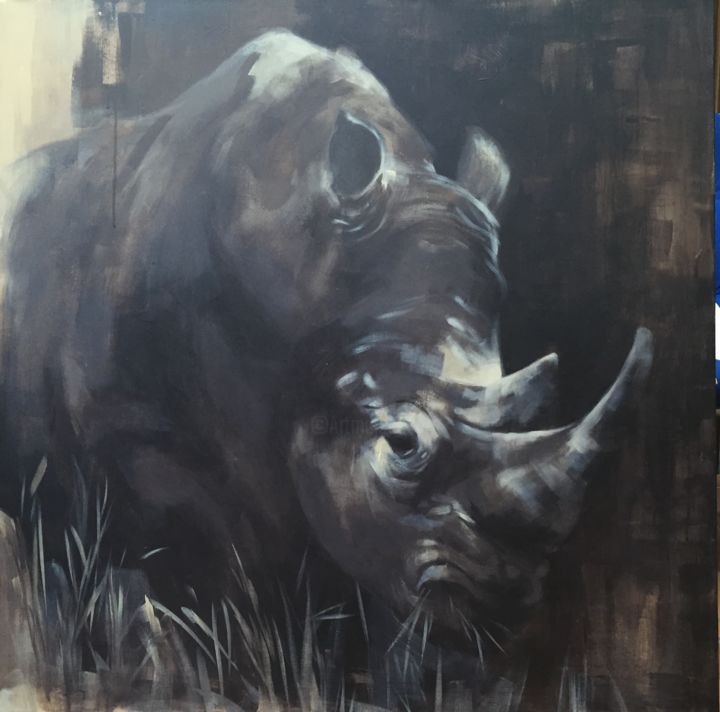 Peinture intitulée "rhinocéros fond fon…" par Annie Lanoy, Œuvre d'art originale, Acrylique