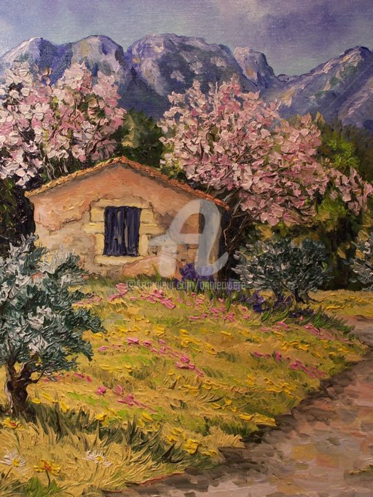 Malerei mit dem Titel "Cabanon et amandier…" von Annie Rivière, Original-Kunstwerk, Öl