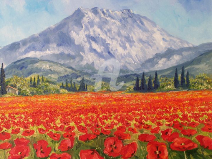 Peinture intitulée "Coquelicot et monta…" par Annie Rivière, Œuvre d'art originale, Huile