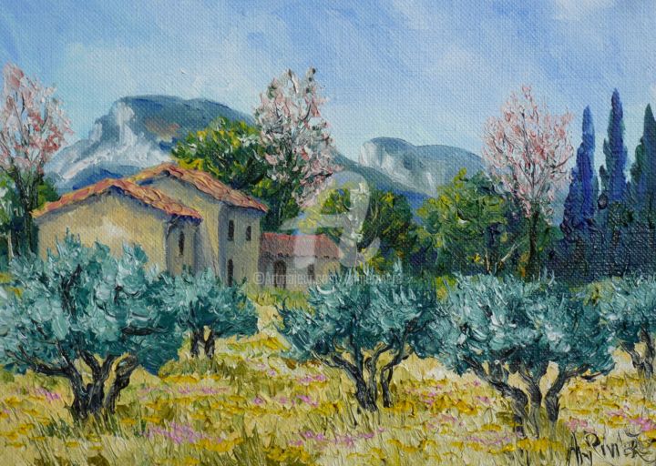 Painting titled "Mas en Provence dan…" by Annie Rivière, Original Artwork, Oil