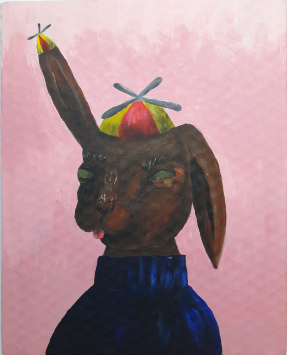 Malerei mit dem Titel "Hase mit Propellerm…" von Anni Rodriguez, Original-Kunstwerk, Acryl
