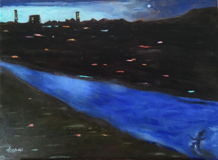 Pintura titulada "Night in the town" por Ann Lahti, Obra de arte original, Oleo