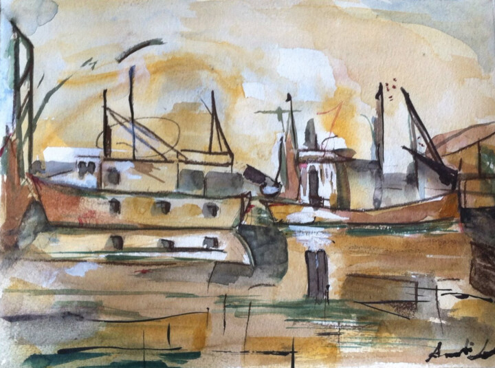 Pintura titulada "Harbour in sunset" por Ann Lahti, Obra de arte original, Acuarela