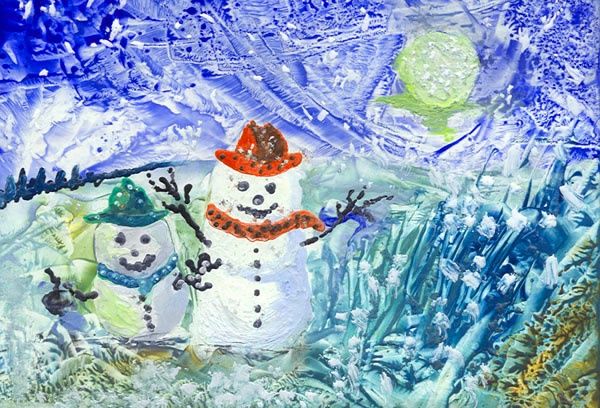 Painting titled "Happy Snowmen" by Ann Snow, Original Artwork