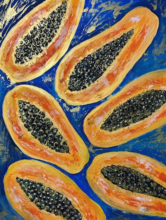 Malarstwo zatytułowany „Papaya in gold” autorstwa Insomnia Art, Oryginalna praca, Akryl