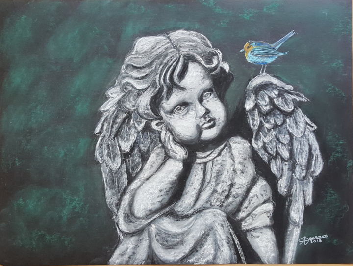 绘画 标题为“Ange à l'oiseau” 由Anny Dournon, 原创艺术品, 粉彩