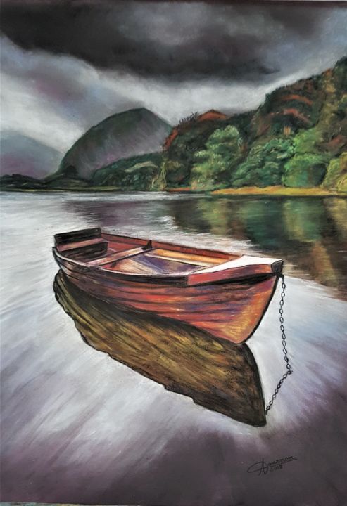 Pintura intitulada "Barque reflets" por Anny Dournon, Obras de arte originais, Pastel