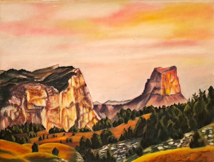 Painting titled "Mont Aiguille" by Anny Dournon, Original Artwork, Pastel