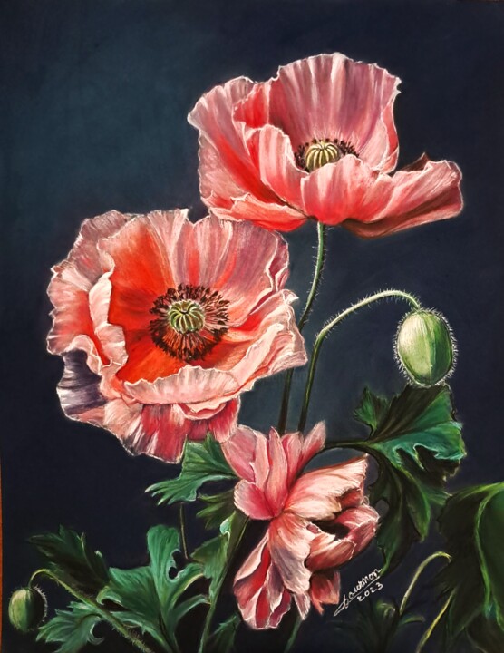 Pittura intitolato "coquelicots roses" da Anny Dournon, Opera d'arte originale, Pastello