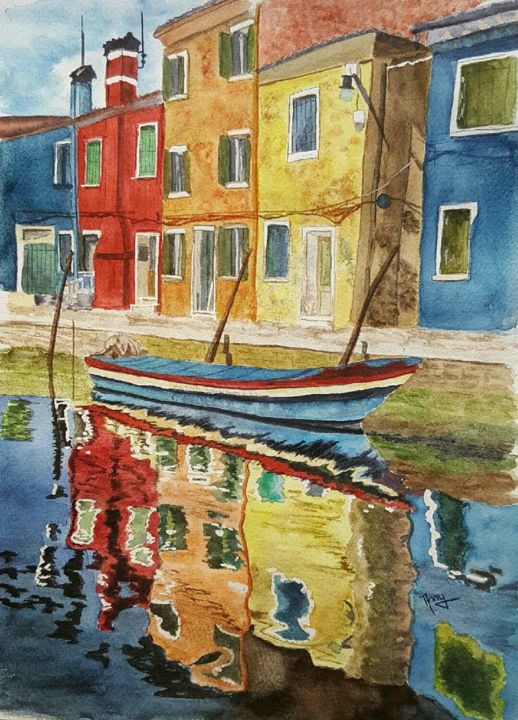 Peinture intitulée "Burano" par Anny Burtscher-Beaudoin, Œuvre d'art originale, Aquarelle